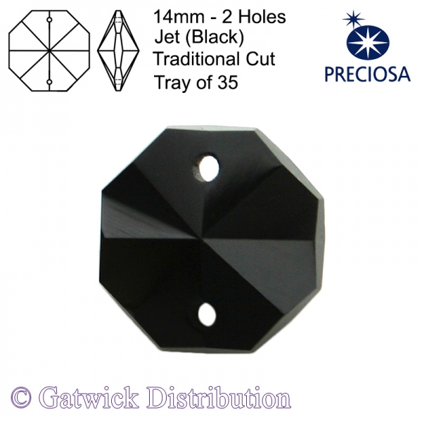 Preciosa Octagons - 14mm 2 holes - JET - Tray of 35