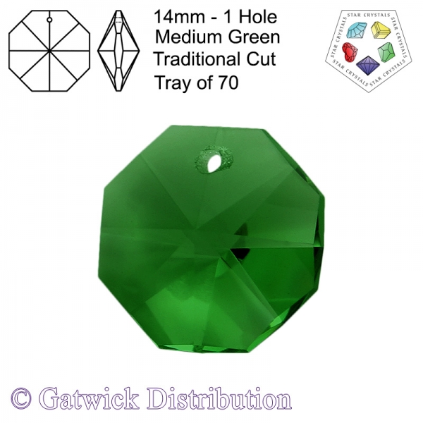 Star Crystals Octagons - 14mm 1 Hole - Medium Green - Tray of 70