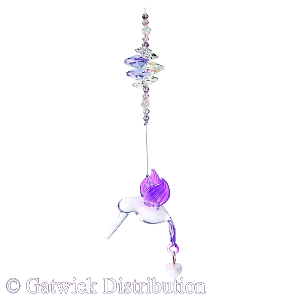 SPECIAL - Pastel Hummingbird With Crystal Heart - Purple - Beaded