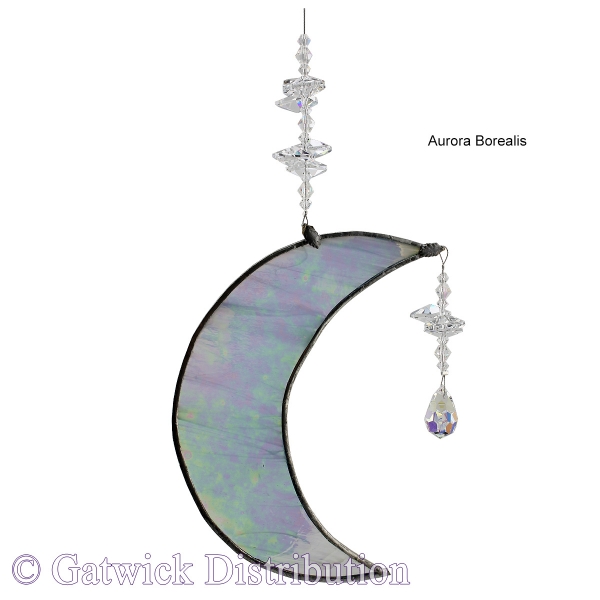 Hanging Cresent Leadlight Moon - Aurora Borealis<br/><b>LIMITED STOCK AVAILABLE!</b>