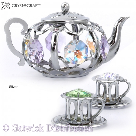 SPECIAL - Crystocraft Tea Pot Set with Two Cups - Silver