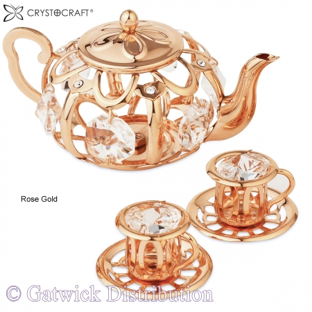 Crystocraft Tea Pot Set with Two Cups - Rose Gold