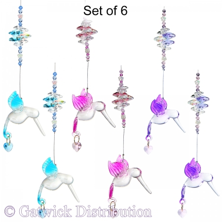 Pastel Hummingbird with Crystal Heart - set of 6