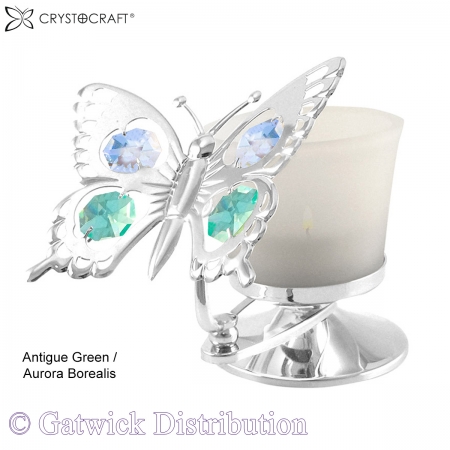 SPECIAL - Crystocraft T-Light - Swallow Tail Butterfly - Silver - Antigue Green/Aurora Borealis
