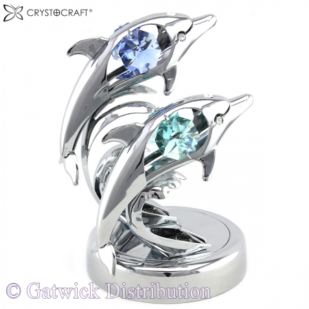 SPECIAL - Crystocraft Twin Dolphins on Deluxe Base - Silver