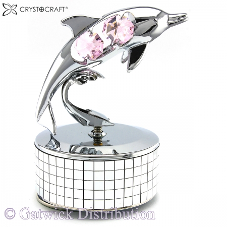 SPECIAL - Crystocraft Dolphin Music Box - Silver/Pink - What a Wonderful World