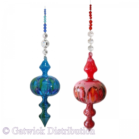 Painted Bauble - Shape 516 - Blue and Red - Beaded - Set of 2